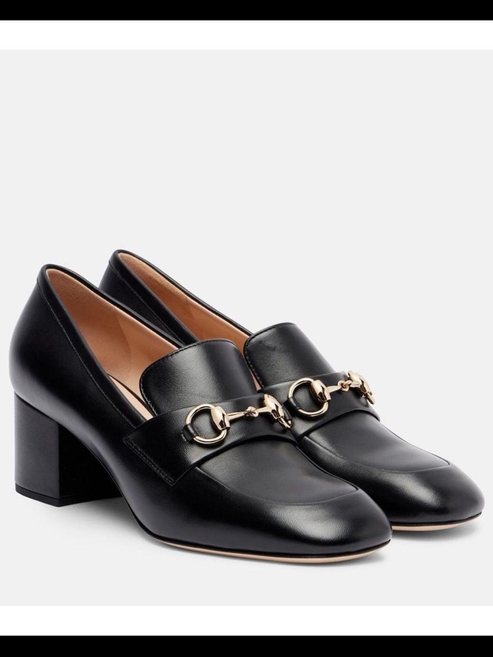 Gucci Black Leather Mid Block Heel Loafers with Gold Horsebit - Picture 3 of 5
